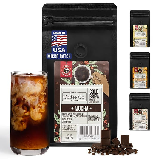 Inspired Coffee Co Mocha Flavored Cold Brew Coffee Coarse Ground Coffee Beans Medium Roast - Low Acid Coffee Smoother Taste - 100% Arabica - 12 oz. Resealable Bag