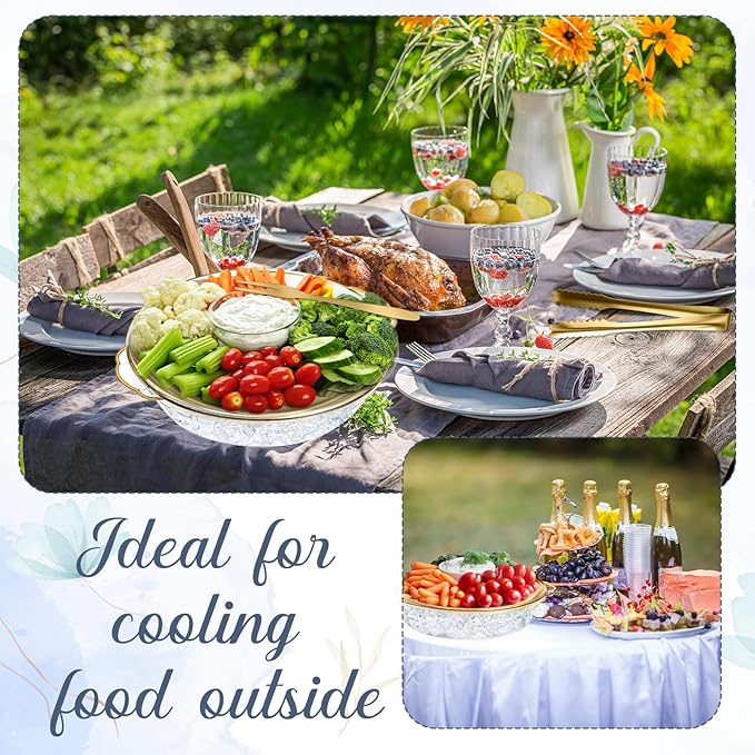 Baderke 2 Sets 11.8" Chilled Serving Tray for Parties Round Iced Platter with Ice Underneath Stainless Steel Clip Fruit Fork Shrimp Cocktail Serving Dish for Oysters Crawfish Fruits (Gold)