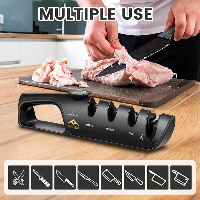 4-in-1 Knife Sharpener with Angle Guide, Adjustable Edge,3-Stage Coarse–Sharpen–Fine + Scissors Slot, Non-Slip Base & Ergonomic Handle for Kitchen Knives