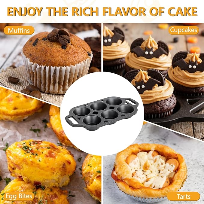 Pre-Seasoned Cast Iron Muffin Pan - 6-Cup Nonstick Cupcake Pan, 2 Piece Set