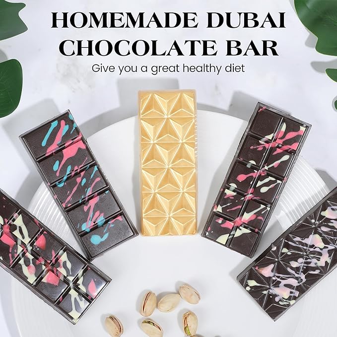 2 Pcs Chocolate Bar Mold Deep Dubai Stuffed Silicone Molds for Filling Knafeh Pistachio Chocolate Bar and Wax Melts Rectangle Thick Candy Bar Molds Break Apart (Pyramid)