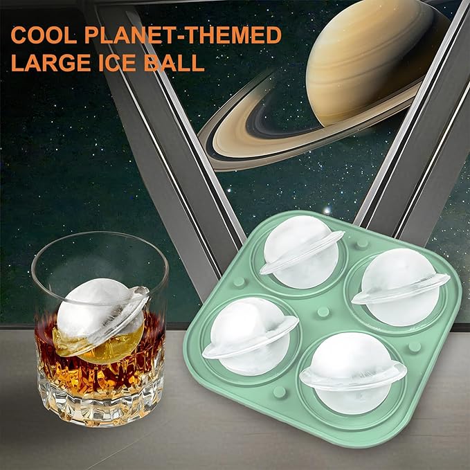 3D Saturn Shaped 4-Cavity Silicone Ice Cube Tray with Funnel and Lid - 2.4 Inch Ice Cube Mold for Whiskey, Cocktails and Bourbon, Space Themed, Planet, Fun Shapes, Cute Novelty Gift