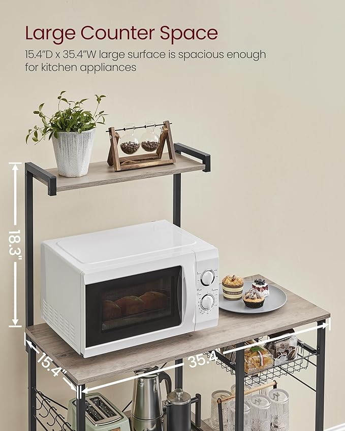 VASAGLE Baker's Rack, Microwave Stand, Kitchen Storage Rack with Wire Basket, 6 Hooks, and Shelves, for Spices, Pots, and Pans, Heather Greige and Ink Black UKKS035B02