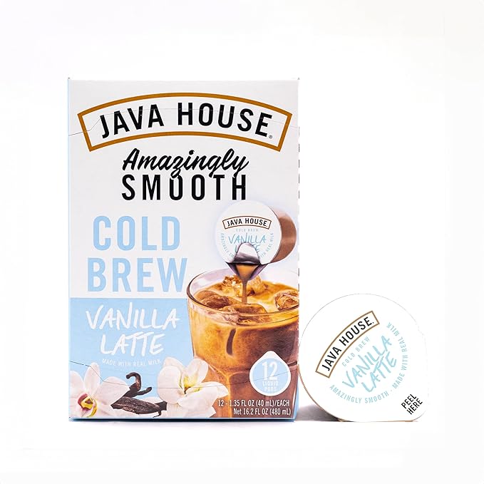 JAVA HOUSE French Vanilla Latte Cold Brew Coffee Pods, (12 Count) Peel and Pour Pods Hot or Iced