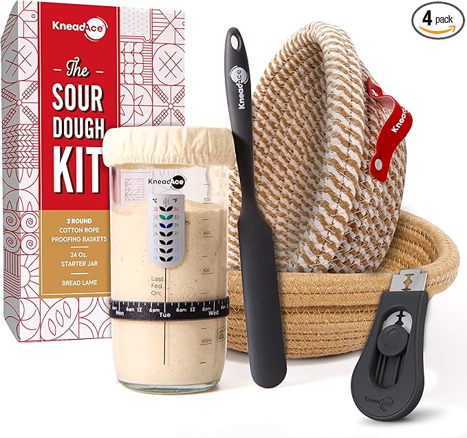 KneadAce Sourdough Starter Kit (24oz Jar, 2xRound Baskets, Gray Bread Lame)