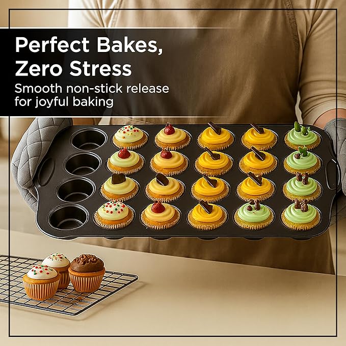 Wrenbury Mini Muffin Pan Non Toxic - Non Stick 24 Cup Small Cupcake Tray for Baking Joyful Bites - Dishwasher Friendly - Health Concious Baking - 1.8" Cup