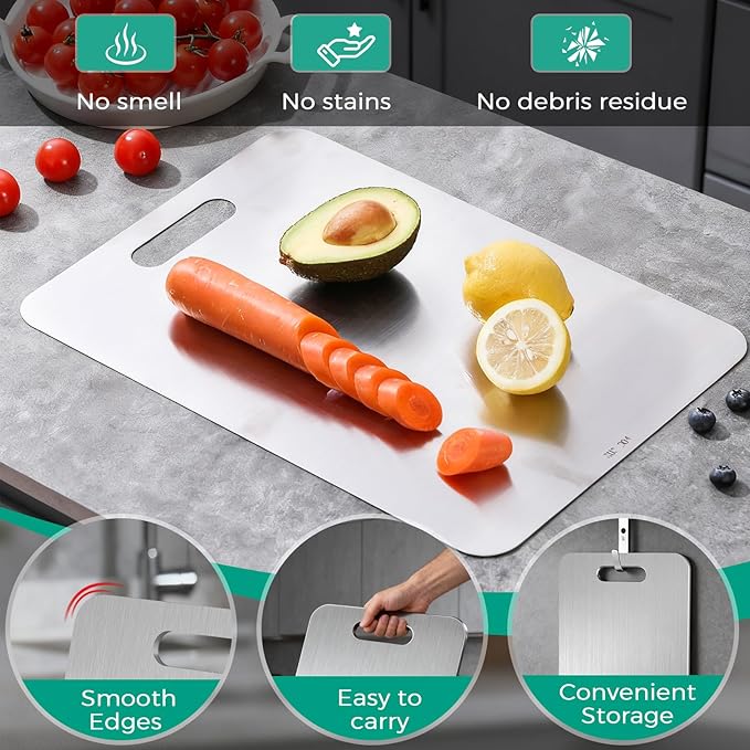 Katuchef Titanium Cutting Board - Upgraded 100% Pure Titanium Cutting Boards for Kitchen Non Toxic, Double-Grade Hygiene Durable Non Moldy Dishwasher Safe Meat Fruit Metal Board (3PC S+L+XL)