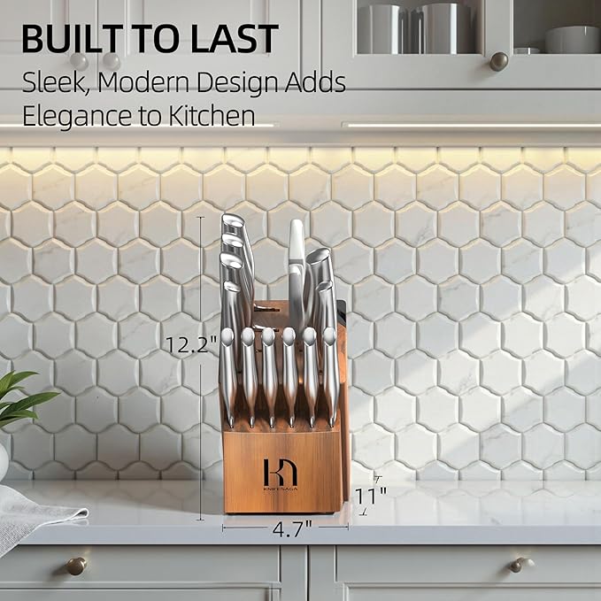 Kitchen Knife Set 14 Piece Premium Japanese High Carbon Stainless Steel Knife Block Sets with Built-in Sharpener, Razor Sharp Knives Set for Kitchen, Quality Acacia Wood Block Knife Set