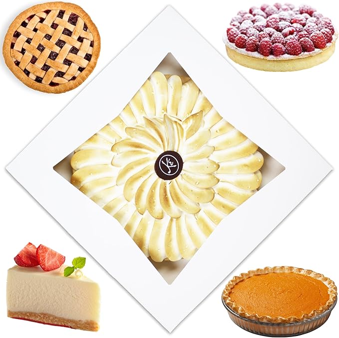 BAKELUV Pie Boxes for 9 Inch Pie | White, 50 Pack | 9x9x2.5 Bakery Box with Window, 9x9 Cookie Box, 9 Inch Pastry Boxes with Window Bulk, Cake Boxes, Auto Pop Up