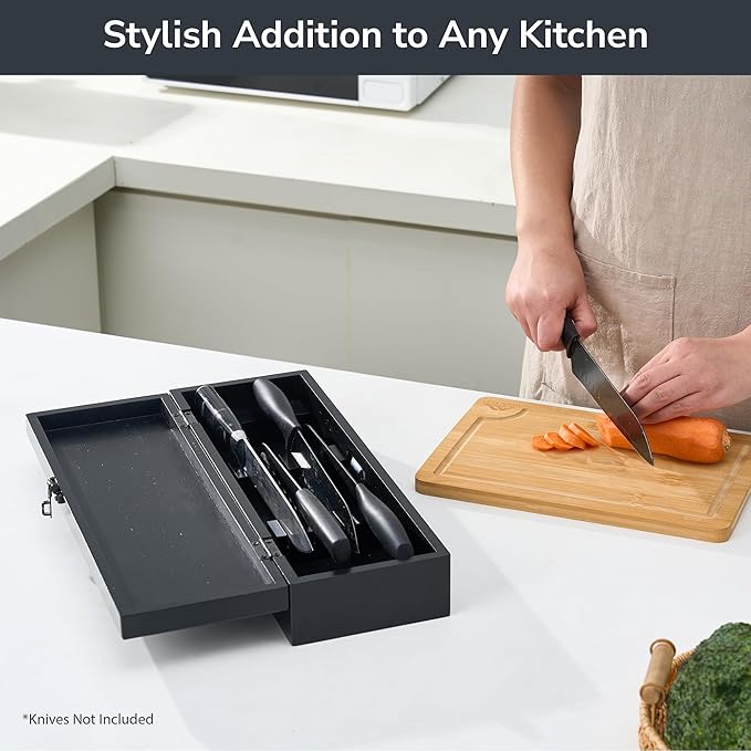 Upgraded Combination Lock Bamboo Locking Kitchen Knife Storage – Secure & Eco-Friendly Wooden Knife Box with Improved Quality, Fits in Drawers & Keeps Knives Safe (Black)