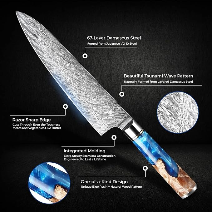 SENKEN 7-Piece Damascus Kitchen Knife Set - Tsunami Collection - 67-Layer Japanese VG10 Steel - Chef's Knife, Cleaver, Santoku, Bread, Boning, & More
