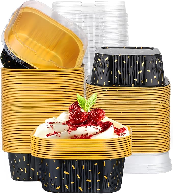 EUSOAR Baking Pans with Lids, 100pcs 10oz/300ml Aluminum Foil Ramekins Disposable Containers, Square Creme Brulee Cups Cupcake Liners Muffin Cup Mini Cake Loaf Bread Holders for Birthday Wedding
