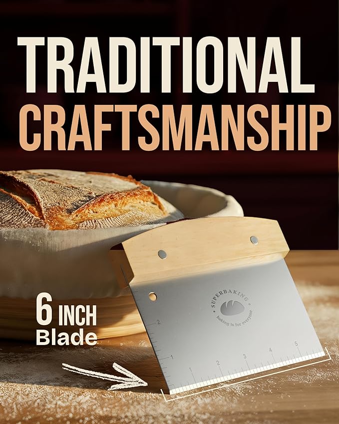 Superbaking Dough Scraper - 6" Wooden Bench Scraper - Dough Cutter with Ruler - Pastry & Cake Scraper - Kitchen Tools Sourdough Baking Supplies - Bread Making Tools & Accessories for Home Bakers