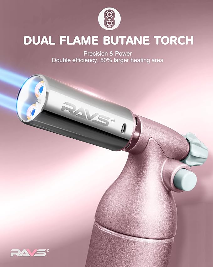 RAVS Refillable Double Flame Butane Torch, Creme Brulee Torch with Adjustable Flame, 20G Large Capacity Culinary Torch for Soldering, BBQ, Baking, DIY, Unique Gifts for Women, Butane Fuel Not Included