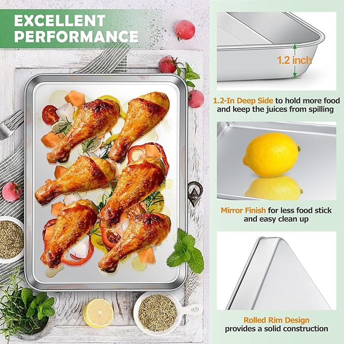 19.6 Inch Baking Sheet Pan with Rack Set, Joyfair Stainless Steel Toaster Oven Pans Tray & Cooling Racks for Cookie/Jelly Roll/Bacon/Meat, Commercial Metal & Rust-free, Dishwasher Safe