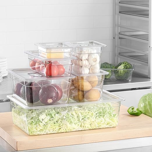 1/6 Size Food Containers 6 Pack 6 Inch Deep Pan Clear BPA free Polycarbonate Stackable Commercial Hotel Pan for Kitchen Business and Food Serving