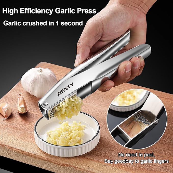 Professional Garlic Press Stainless Steel, Garlic Mincer No Need to Peel, Large Trough Garlic Crusher, Ergonomic Handle Garlic Ginger Presser Masher, Easy Squeeze Rust Proof Dishwasher Safe