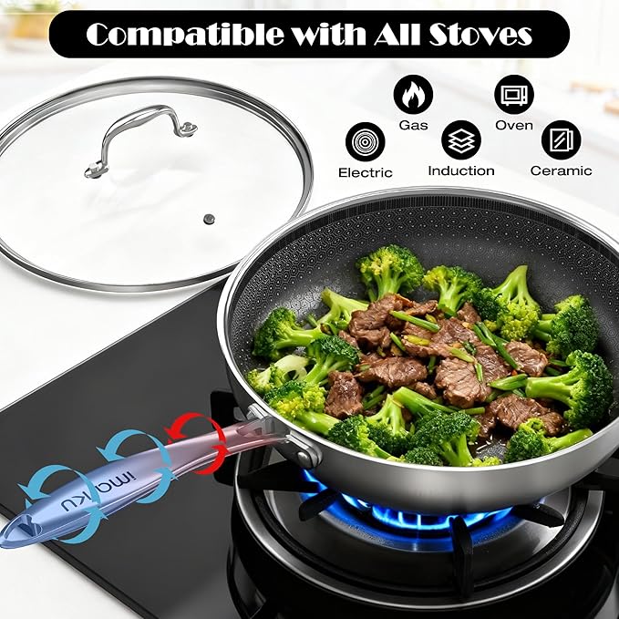 imarku Non Stick Frying Pans, 11.8 inch Hybrid Frying Pans Nonstick with Tempered Glass Lid, Stainless Steel Skillet, Dishwasher and Oven Safe Cooking Pan, Works with All Cooktops, PFOA Free Cookware