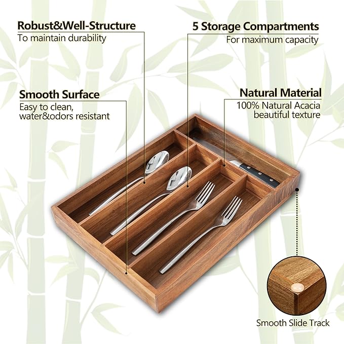 Silverware Organizer, 2 Pack 10 Inch Utensil Organizer Kitchen Drawer Organizer Acacia Silverware Holder Cutlery Tray Organizer in Drawer Flatware Organizer Tray(5 slots, Acacia）