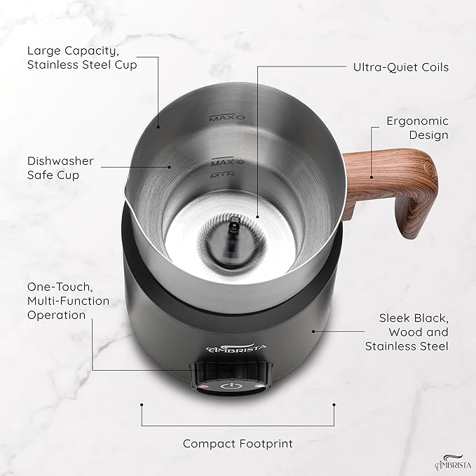 All in One 16oz Stainless Steel Electric Milk Frother | Foam Maker for Coffee | Hot and Cold Froth, Heated Milk, Hot Chocolate and More | Dishwasher Safe and Easy to Clean