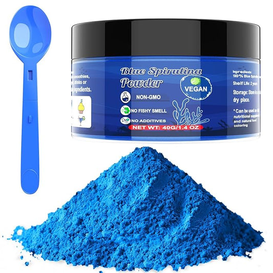 Blue Spirulina Powder - 40g Natural Blue Food Coloring, No Fishy Smell, 100% Vegan Phycocyanin Extract Spirulina Powder, Plant Based Food Dye for Cake Decorating, Smoothie, Baking, Drinks