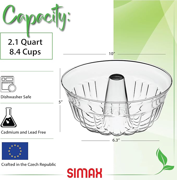 SIMAX Clear Glass Fluted Bundt Cake Pan, Heat, Cold, and Shock Proof, 2.1 Quart (8.4 Cups), Made in Europe, Great for Ring Cakes, Puddings, Desserts, Monkey Bread, and More, Dishwasher Safe