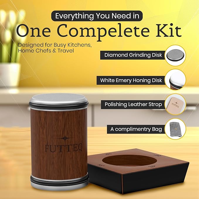 Tumbler Rolling Knife Sharpener Kit - Best Kitchen Knives Sharpening System with Leather Strop and 2 Extra Diamond Disks, Complete Set of Manual Knife Sharpener with Knife Sharpening Guide
