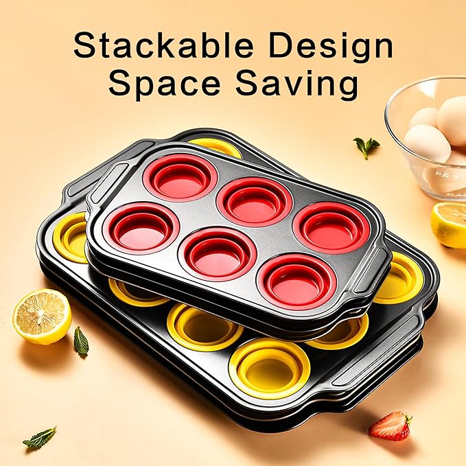 Silicone Muffin Pan, Silicone Cupcake Pan for Baking, 12 Cup Muffin Pans for Oven with Metal Frame, Non Stick Baking Cups with Press To Release Design, Cake Pop Mold, Egg Bites Mold, Red