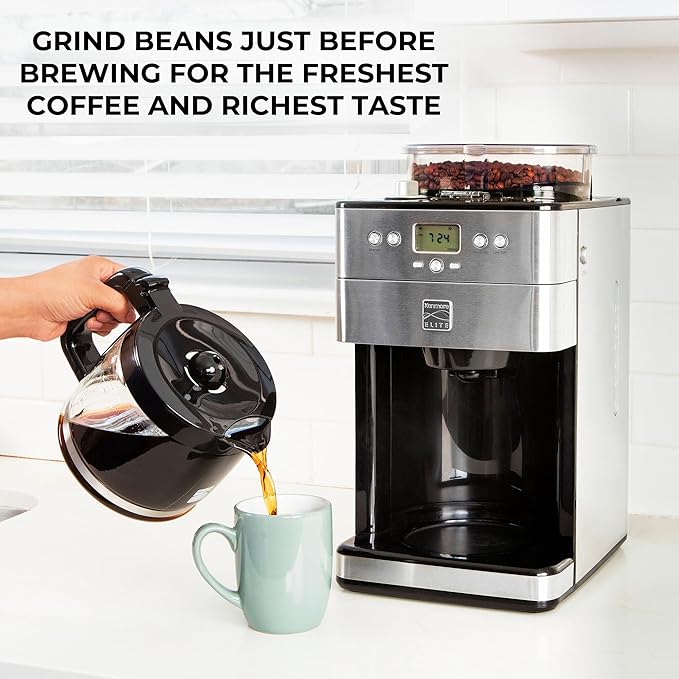 Kenmore Elite Grind and Brew Coffee Maker - Built-In Grinder, Automatic Drip Coffee Machine, 12 Cup Programmable Brewer, Bean Grinder and Ground Coffee Brewer, Coffee Maker and Grinder Combo