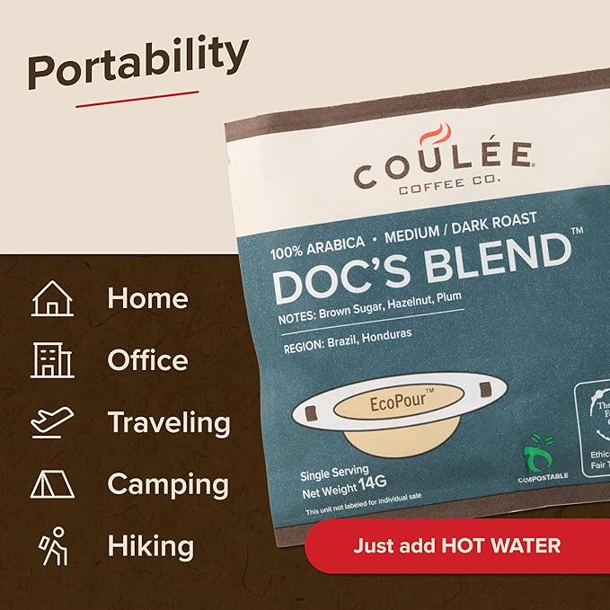 Coulée EcoPour Coffee - Doc's Blend - pre-filled EcoPour Single-Serve Filter Box, 14g Each (10 Count (Pack of 1), Doc's Blend)