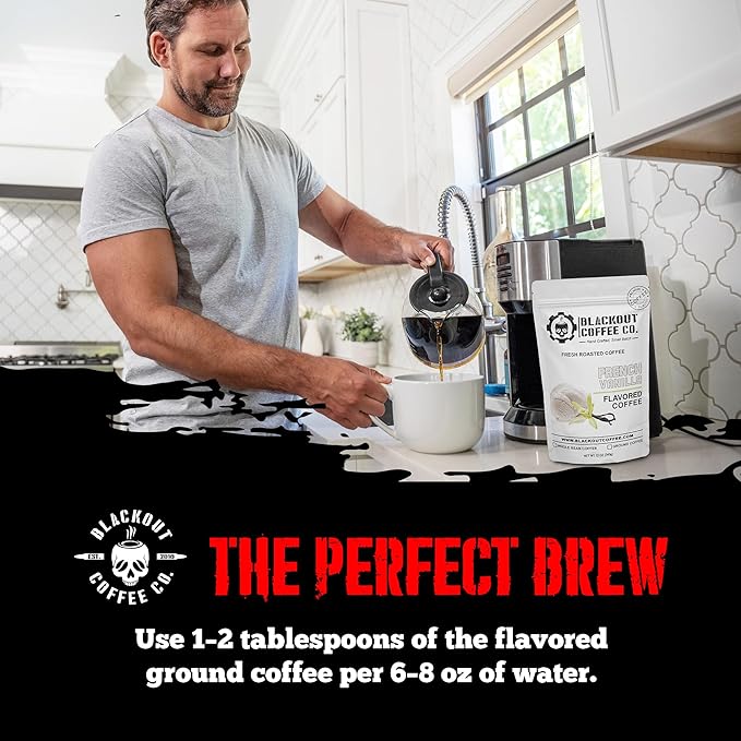 Blackout Coffee French Vanilla Flavored Ground Coffee – Smooth Taste, Guilt-Free Indulgence – Freshly Roasted 12oz Pouch, American Made