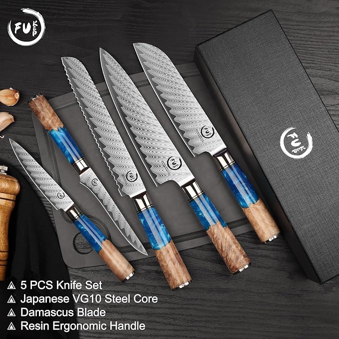 5 Piece Damascus Knife Set, Professional Japanese Knife Set with Japanese VG 10 Steel Core, Blue Resin Handle, Includes Chef, Santoku, Bread, Boning & Paring Damascus Knives in Gift Box