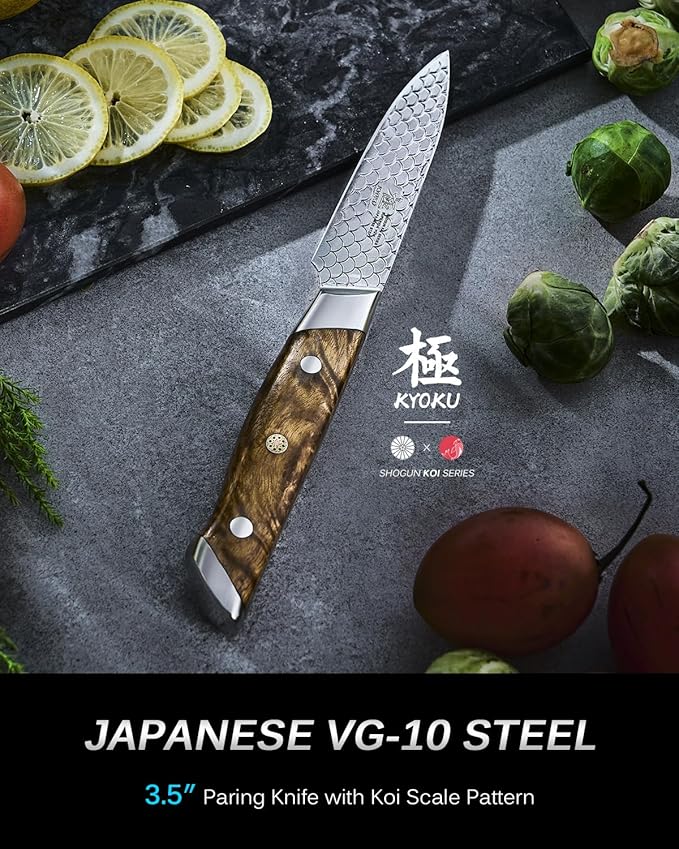 KYOKU 3.5" Paring Knife with Non-Stick Koi Scale Pattern, Japanese VG10 Stainless Steel Small Chef Knife with Sheath & Gift Box, Shogun Koi Series Full Tang Peeling Knife with Camphorwood Handle