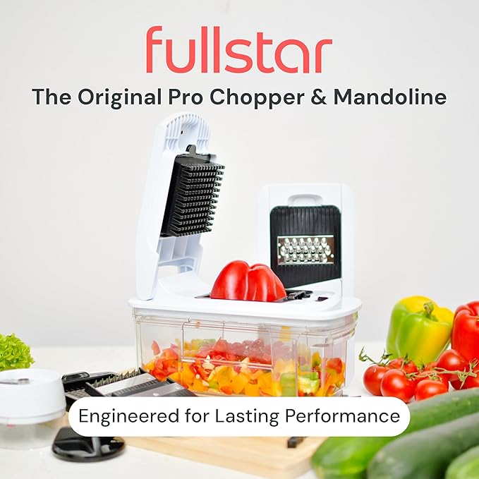 Fullstar All-in-1 Vegetable Chopper and Mandoline Slicer for Kitchen - Cheese Grater, French Fry Cutter, Cheese Slicer - Bonus Handheld Spiralizer Included (6 in 1, Black)