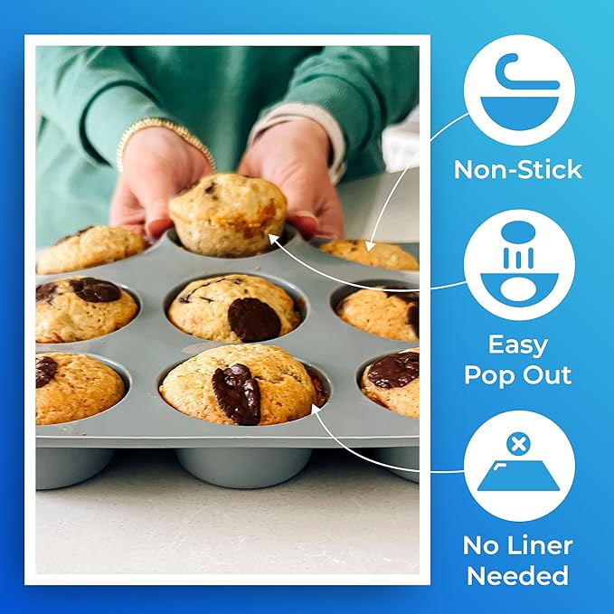 Jenaluca Silicone Cupcake & Muffin Pan for Baking - Set of TWO 12-cup pans, 12x9 Size, Non-stick, BPA Free, Dishwasher Safe - no cupcake liner needed