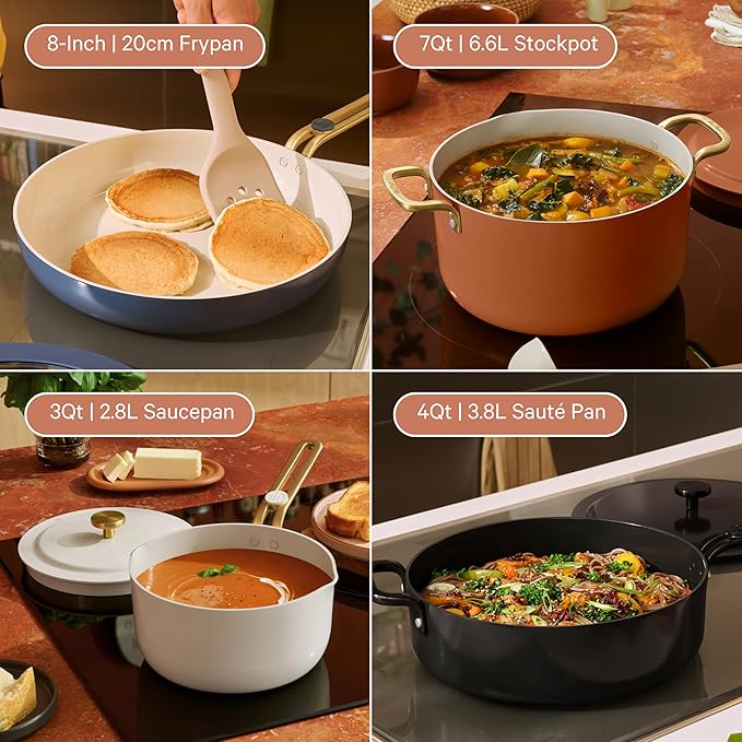 Our Place 11-Piece Essentials Complete Cookware Set - Ceramic Fry Pan, Saucepan, Sauté Pan, Stock Pot, Strainer Basket & Rack Storage | Thermakind™ Nonstick, Oven Safe up to 450°F | Blue Salt