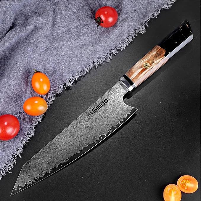 Seido Knives Kiritsuke Damascus Steel Chef Knife Epoxy Resin Stabilized Wood Handle Professional Kitchen Knife VG10 High Carbon Stainless Steel, Night Black