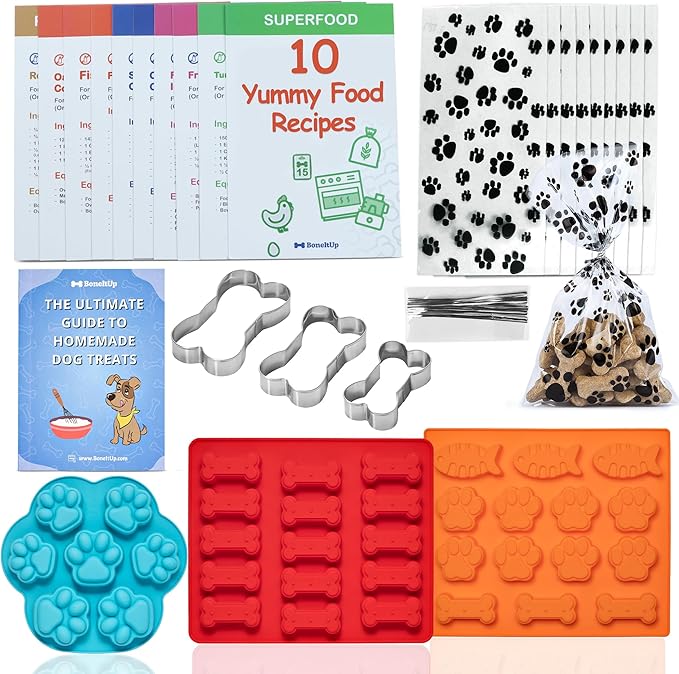 BoneItUp Dog Treat Making Kit – All-in-One DIY Cookie Set with Reusable 3 Silicone Dog Treat Molds, 3 Cutters, 10 Recipes & Gift Bags – Make Healthy Homemade Treats for Dogs, XL Kit for Big Dogs