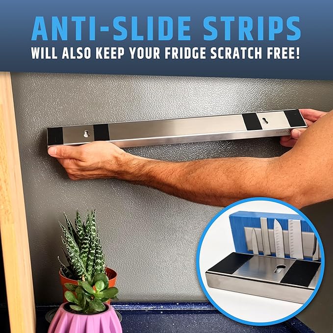 17" Premium Magnetic Knife Holder for Refrigerator (Double-Sided Heavy-Duty Magnets) - Upgraded Strip for Strong Fridge Mount - Clear Up Counter Space - 304 Anti-Rust Stainless Steel (Upgraded Design)