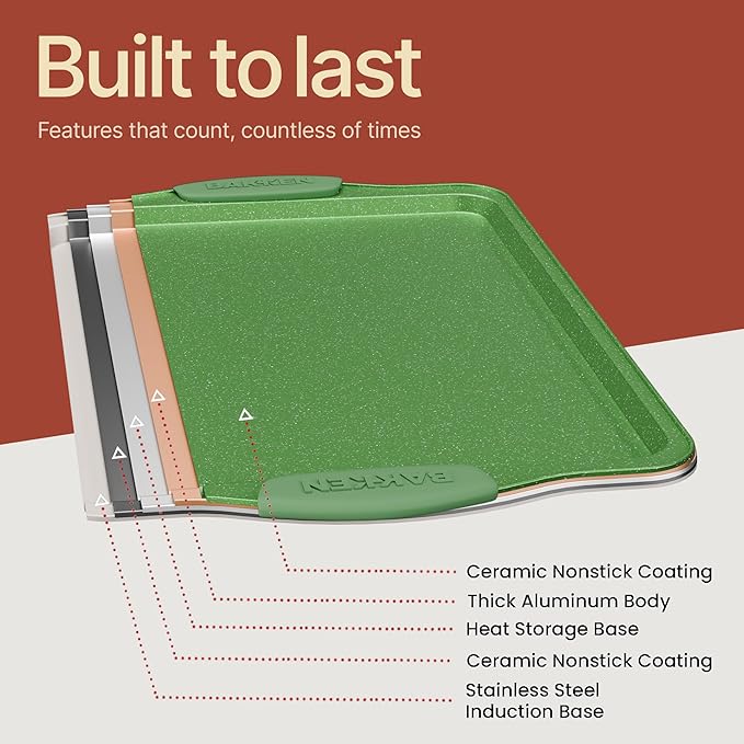 BAKKEN Kitchen Baking Pan Set - Nonstick Green Marble Coating, Carbon Steel Bakeware Sets with Green Silicone Handles, Kitchen Essentials, PFOA, PFOS, PTFE Free, Oven Safe (Up To 450° F), Set of 18