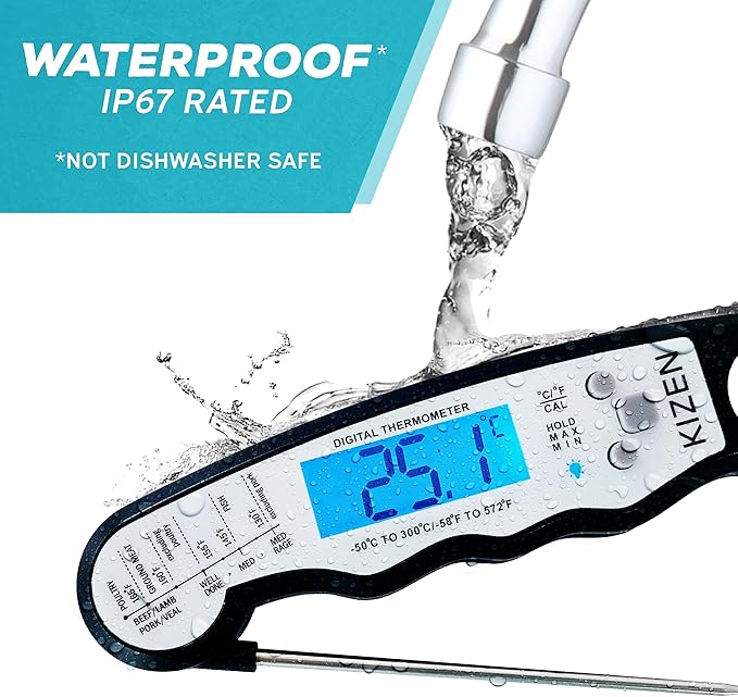 Kizen Instant Read Meat Thermometer Digital - Food Thermometer for Cooking, Grill, Oven, BBQ - Waterproof and Backlit Display - Kitchen Gadgets