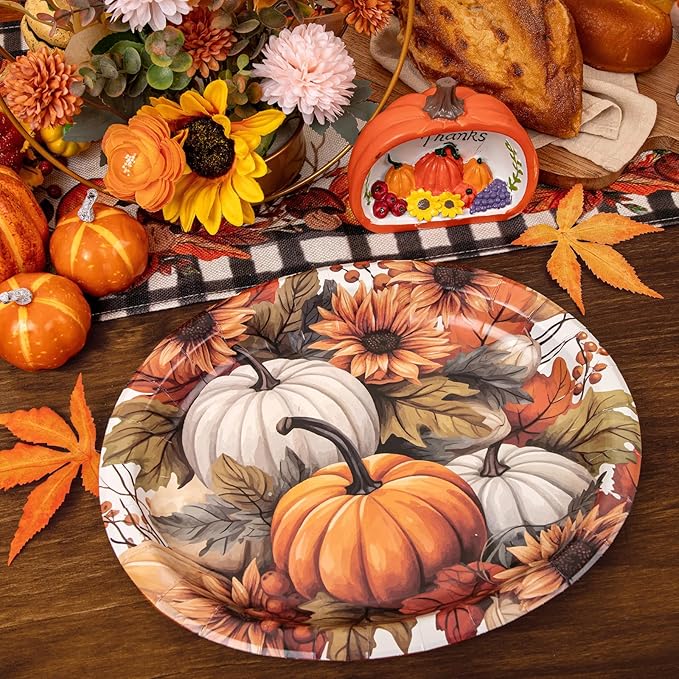 WDF 50Pack Thanksgiving Paper Plates - 10" x 12" Heavy Duty Pumpkin Paper Plates Disposable for Thanksgiving/Fall Party