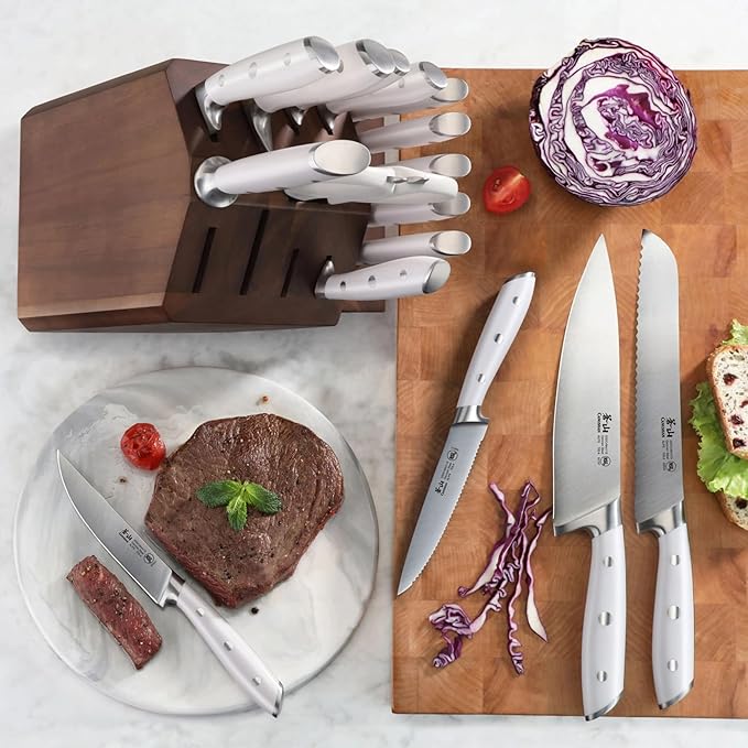 Cangshan Alps Series German Steel Forged 17-Piece Knife Block Set, Acacia (White)