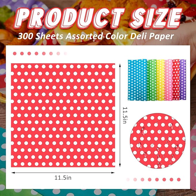 Fulmoon 600 Sheets Waxed Deli Paper Sheets for Food 12 x 12 Inch Polka Dot Dry Wax Paper Greaseproof Food Basket Liners Sandwich Wraps for Wrapping Bread Baking BBQ Picnic Party (Multicolor)
