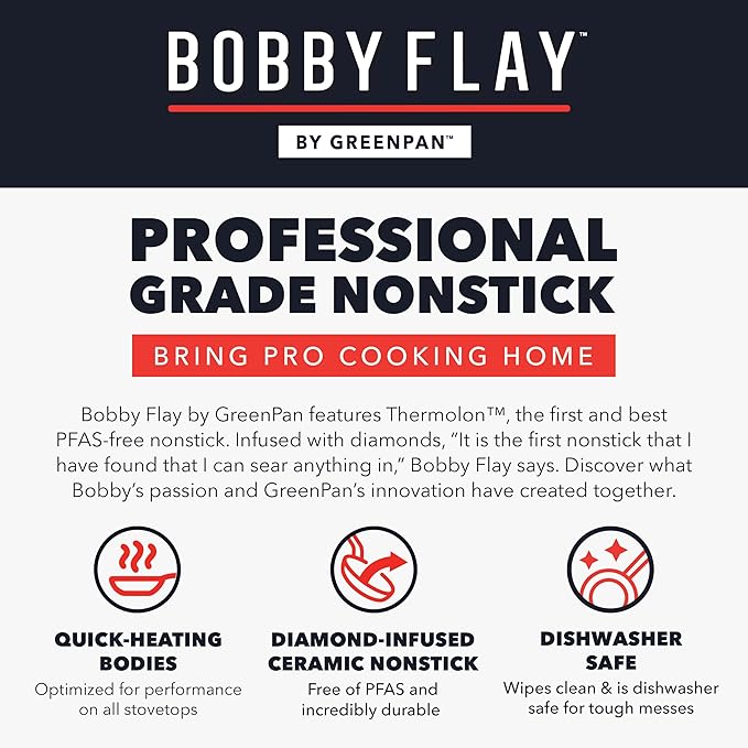GreenPan x Bobby Flay 8" Nonstick Frying Pan Skillet, PFAS-Free Diamond Ceramic, Induction Suitable, Stay-Cool Silicone Handle, Easy Clean Dishwasher & Oven Safe, Egg & Omelet Pan, Graphite