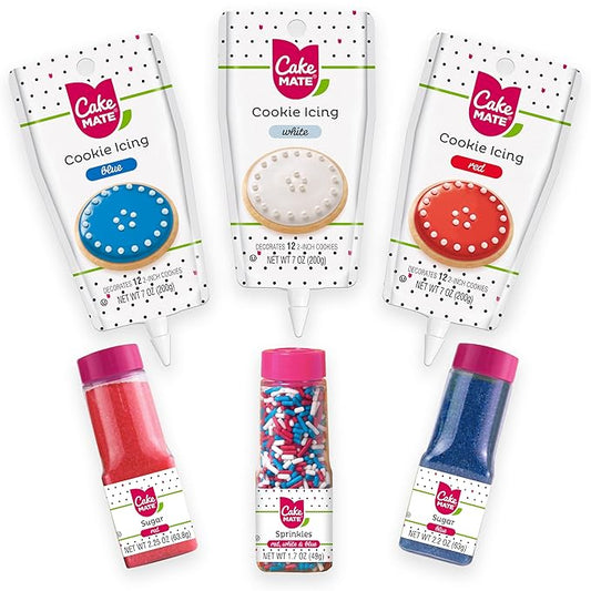 Cake Mate Patriotic Decorating Kit – Red & Blue Decorating Sugar (2.25 oz), Red, White & Blue Sprinkles (1.75 oz), Red, White & Blue Cookie Icing (7 oz) – Cookie, Cake, Cupcake & Dessert Decorating