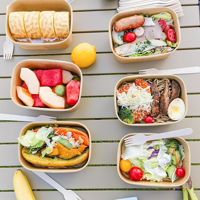 MINCOCO 50 Count Paper Bowls Disposable Meal Prep Containers with Lids【Includes 50 Wooden Forks + 100 Labels】 Salad Food Containers Freezer & Microwave Safe Leakproof Soup Bowls (29 Ounce, 50-Count)