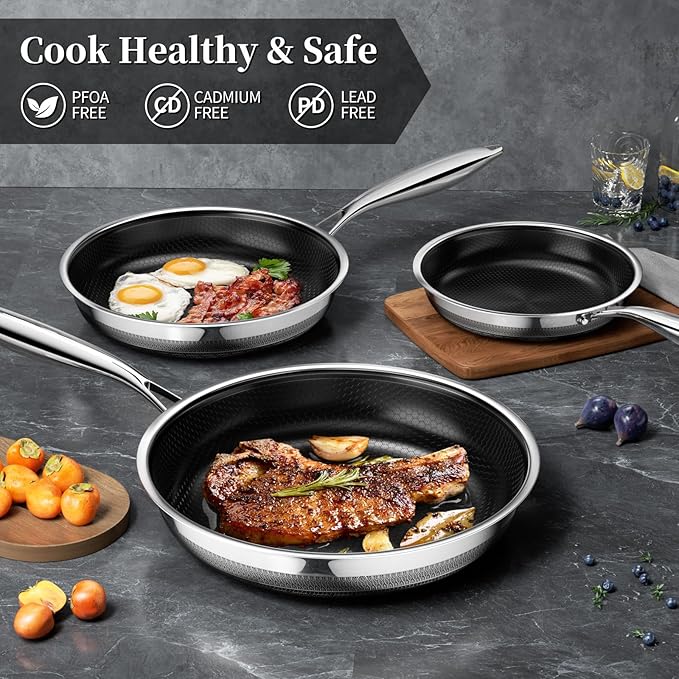 Innerwell Nonstick Frying Pan Set,8 Inch&9.5 Inch&11 Inch Tri-Ply Hybrid Stainless Steel Ceramic Frying Pans Kitchen Cooking Pan Skillet 3 Piece PFAS/PFOA/PTFE Free,Dishwasher & Oven Safe