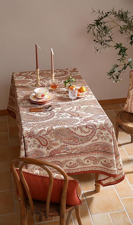ISAENNE Designer French Red Small Square Tablecloth,Fall Linen Table Cloth with Cashew Pattern,Stain Proof Decor Tablecloths for Dining Thanksgiving Kitchen Christmas,55"*55"-Chauffrey D