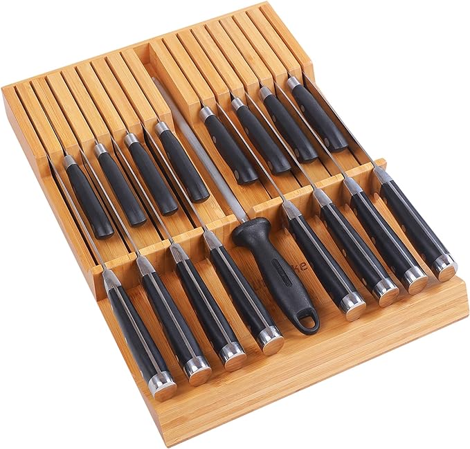 Utoplike In-drawer Knife Block Bamboo Kitchen Knife Drawer Organizer Large, Handle Steak knife Holder without Knives, Fit for 16 Knives and 1 Sharpening Steel (Knives & Sharpening Not Included)